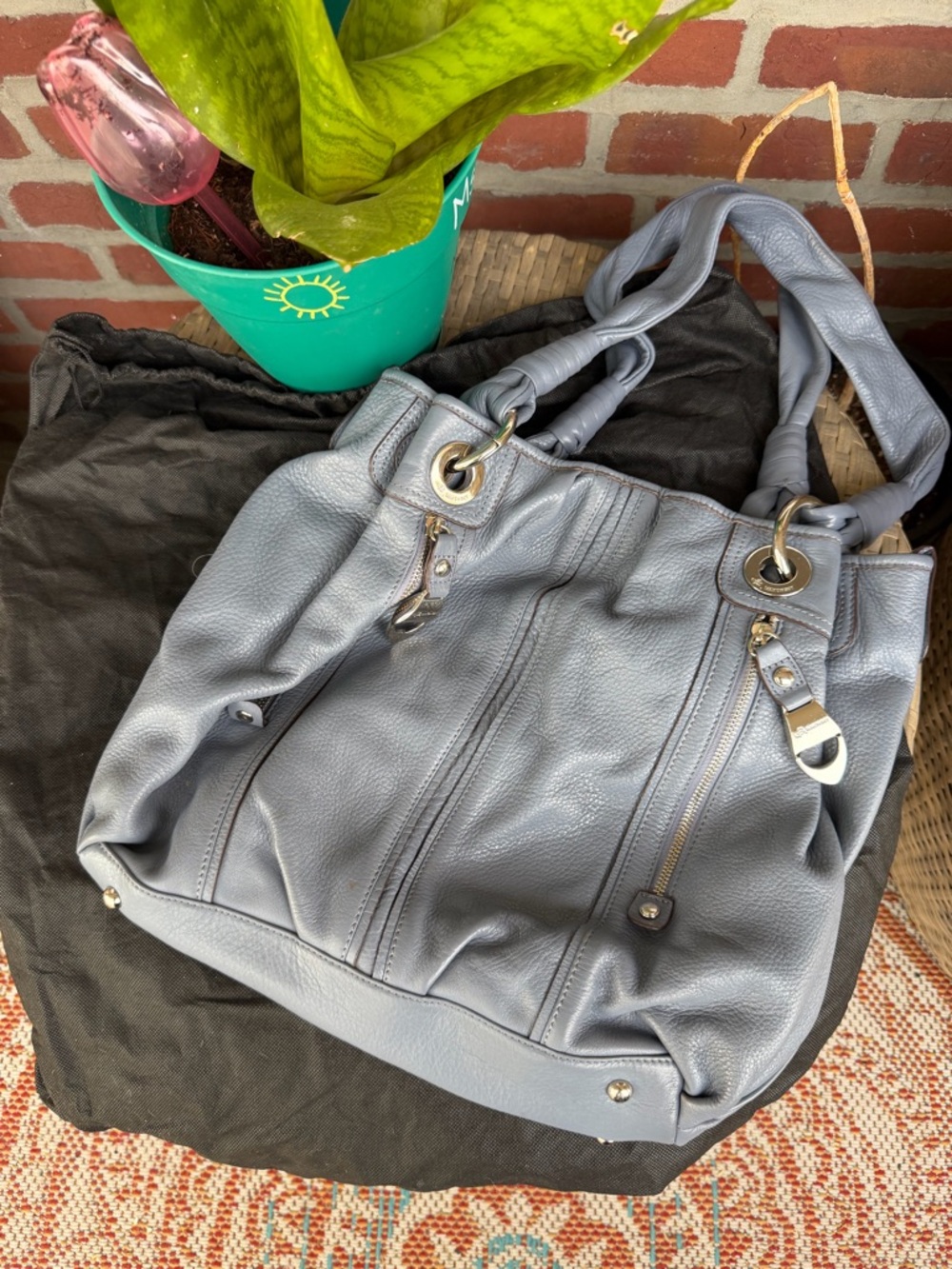 b. makowsky Dusty Blue Pebbled Leather Shoulder Bag